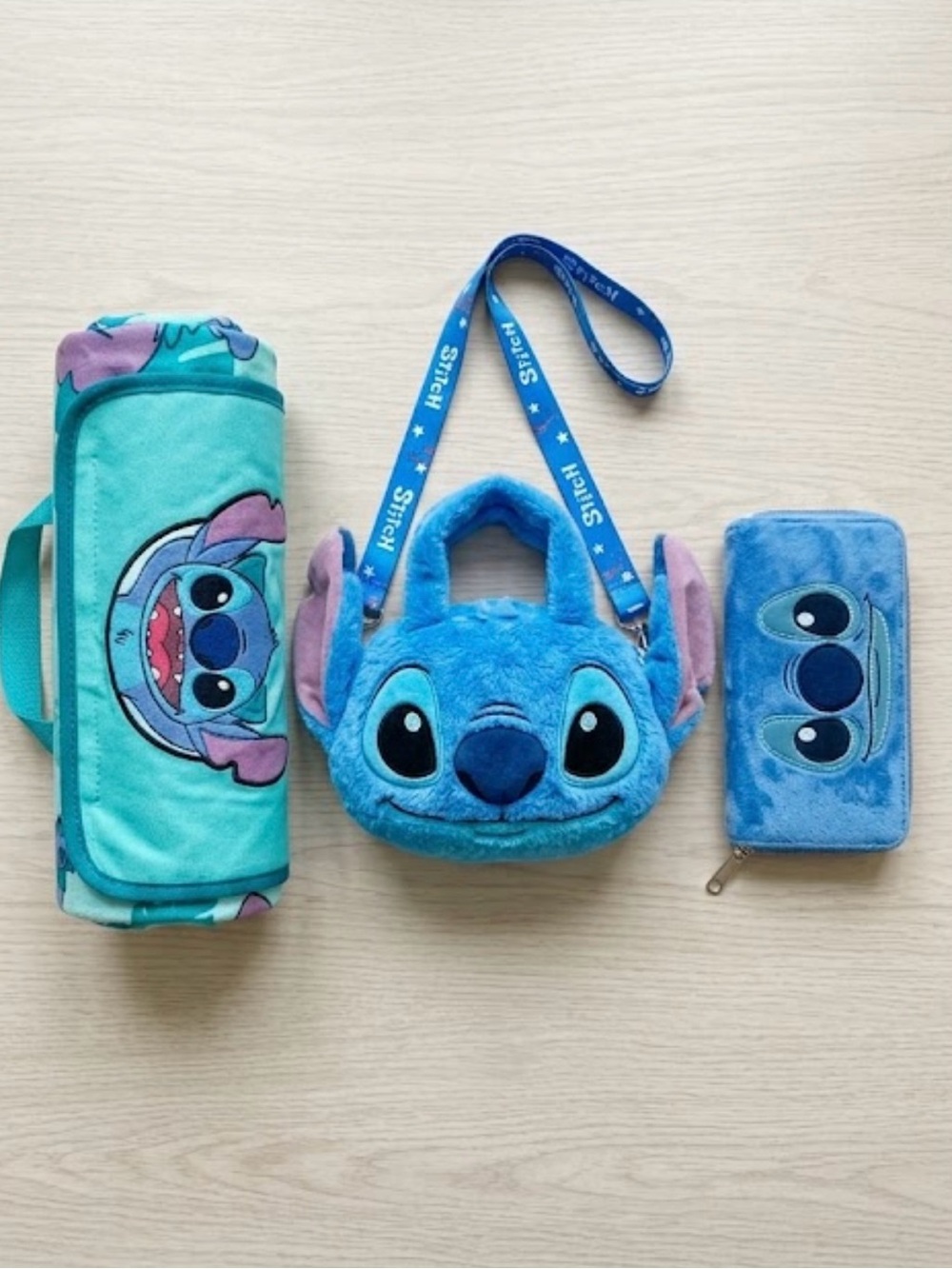 Disney Stitch Plush Head Crossbody Bag & wallet and Picnic Outdoor Blanket Set